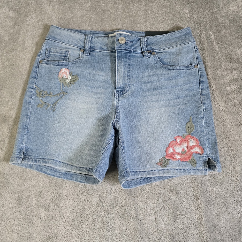 Artisan NY Shorts Womens 6 Blue Floral Embrioder Stretch Denim Normcore Casual